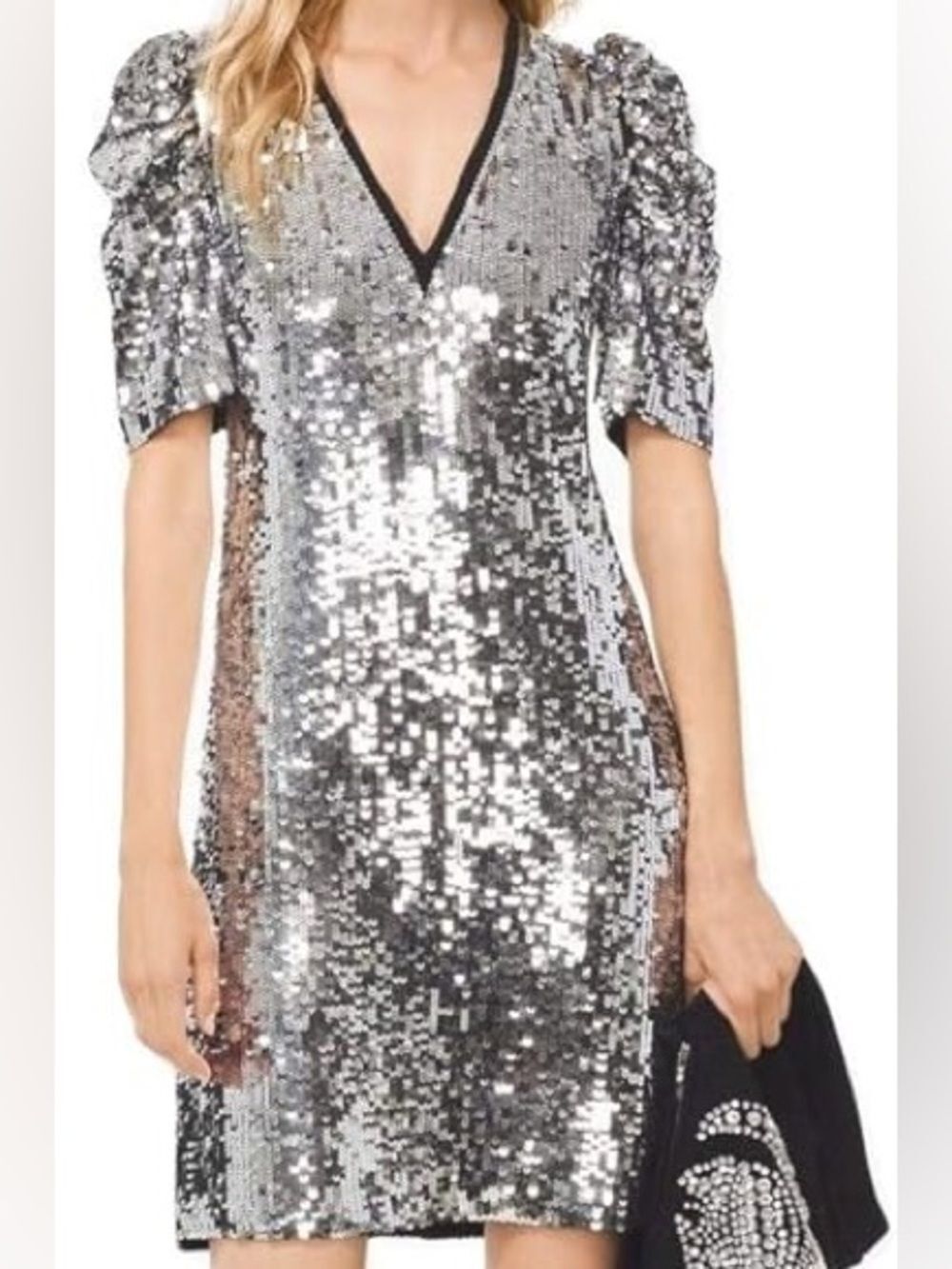 MICHAEL KORS Silver Sequin V-Neck Puff Sleeve Dress Size M